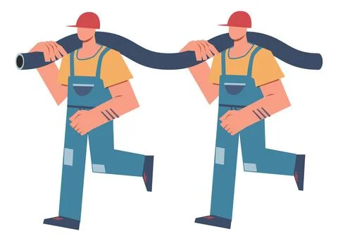 Builder character. Two men carrying a hose or pipe. Plumbers or builders in Stock Illustration