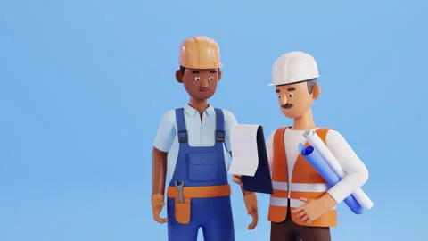 Builder characters animation. Construction site worker, handyman Stockbeeldmateriaal 299723171