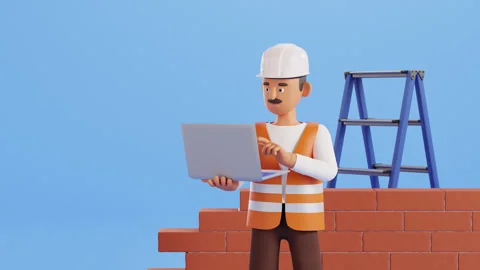 Builder characters animation. Construction site worker, foreman Stockbeeldmateriaal 300433857