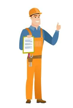 Builder with clipboard giving thumb up Ilustração Stock