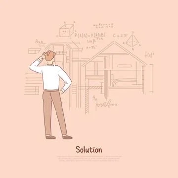 Builder considering engineering solution, architect calculating house, dwelli Stock Illustration