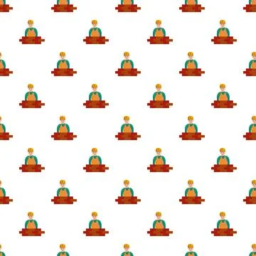 Builder constructing brick wall cartoon worker seamless pattern Illustrazione stock