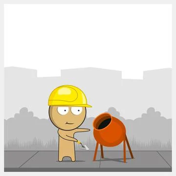 Builder at construction site with concrete mixer Illustrazione stock