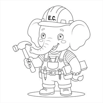 Builder construction worker hammer elephant holding tool and wood plank in .. Stock Illustration
