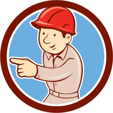Builder Construction Worker Pointing Circle Cartoon Illustrazione stock