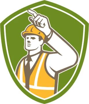 Builder construction worker pointing shield retro Illustrazione stock