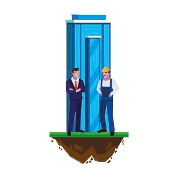 Builder constructor with engineer and building Illustrazione stock