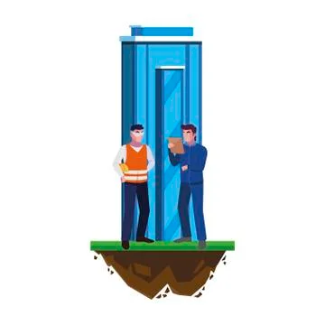 Builder constructor with engineer and building Illustrazione stock