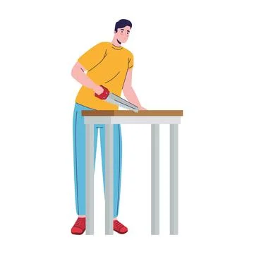 Builder constructor man with handsaw character Stock Illustration