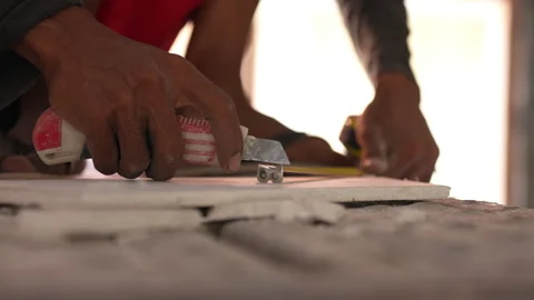 The builder cut by knife in construction. Stock Footage 299965253