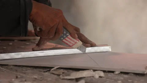 The builder cut by knife in construction. Stock Footage 299965867