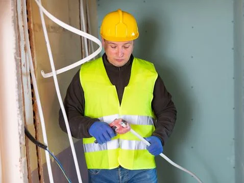 Builder cuts plastic pipe with special interior in house under construction Stock Photos