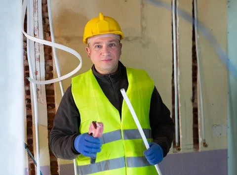 Builder cuts plastic pipe with special interior in house under construction Stock Photos