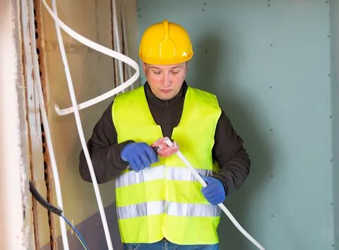 Builder cuts plastic pipe with special interior in house under construction Stock Photos