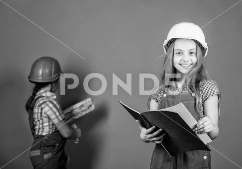 Builder engineer architect. Kid worker in hard hat. Future profession. Tools to Stock Photos