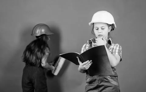 Builder engineer architect. Kid worker in hard hat. Child care development Stock Photos