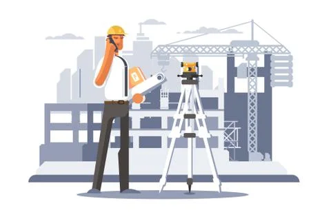 Builder engineer phone calling on construction. Stock Illustration