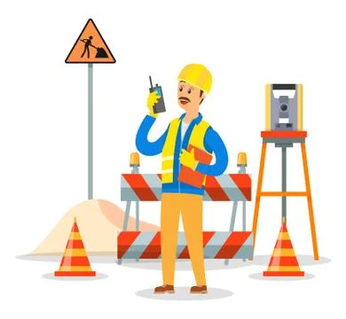 Builder engineer phone calling on construction. Foreman in helmet business Stock Illustration
