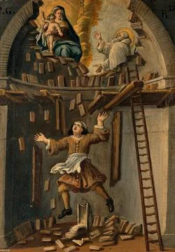 A builder falling from a platform in an apse, St Bruno (?) interceding with.. Stock Illustration