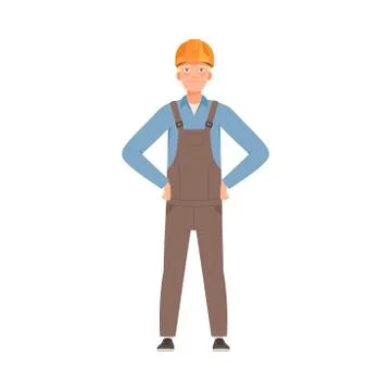 Builder in gray overalls is standing. Front view. Vector illustration. Stock Illustration