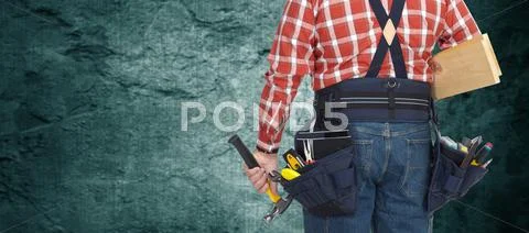 Builder with hammer and wooden planks. Stock Photos