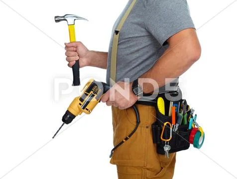 Builder handyman with drill and hammer. Stock Photos