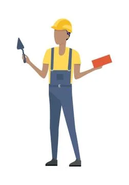 Builder in Helmet and Blue Uniform. Brick. Trowel Illustrazione stock