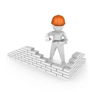 A builder in helmet builds a brick wall Stock Illustration