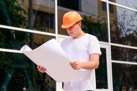 Builder helmet plan building Stock Photos