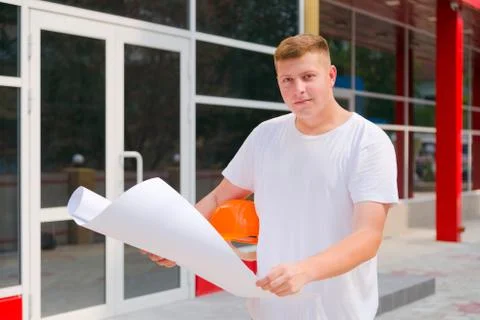 Builder helmet plan building Stock Photos