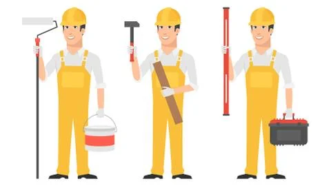 Builder holding instruments hammer roller level イラスト素材