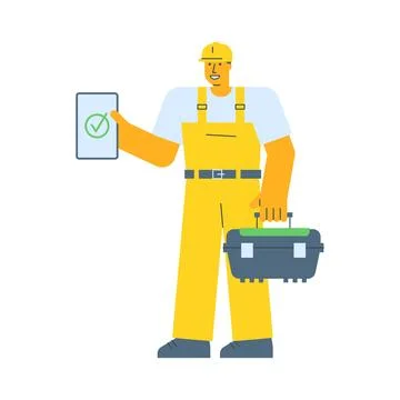 Builder holding tablet and holding suitcase Stock Illustration