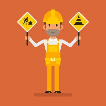 Builder holding two warning signs. Flat people Stock Illustration