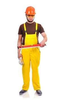Builder holding wasserwaage Stock Photos