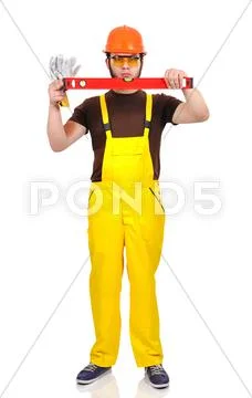 Builder holding wasserwaage Stock Photos