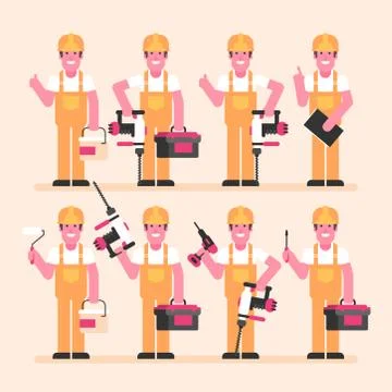 Builder holds hammer drill screwdriver suitcase and various objects. Characte Stock Illustration