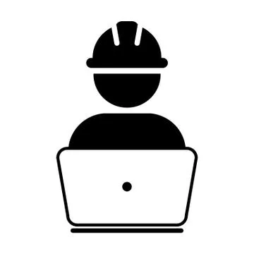 Builder icon vector male construction worker person profile avatar with laptop Stock Illustration
