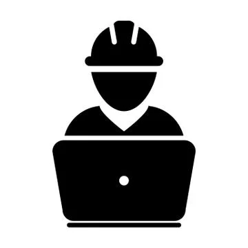 Builder icon vector male construction worker person profile avatar with laptop Stock Illustration