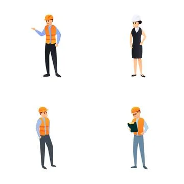 Builder icons set cartoon vector. Construction worker people Stock Illustration