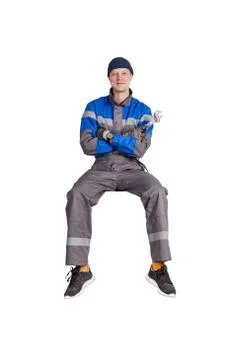 Builder, installer of ventilation with tools in hands Foto stock