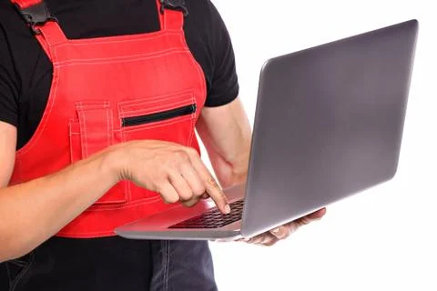 Builder with laptop Stock Photos