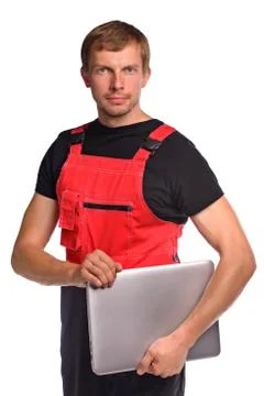 Builder with laptop Stock Photos