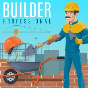 Builder laying a bricks on construction site Stock Illustration