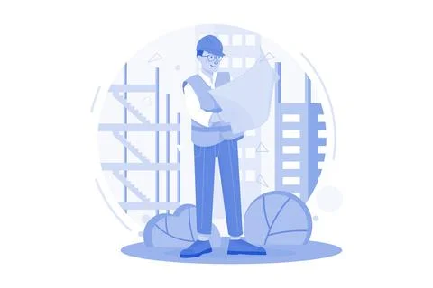 Builder Looking Architectural Plan Of The Project Stock Illustration