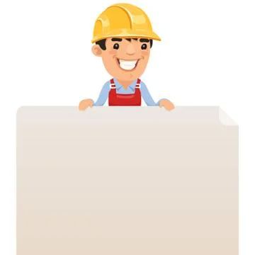 Builder looking at blank poster on top Stock Illustration