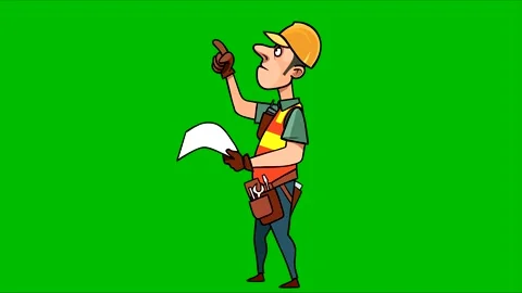 The builder looks at the drawing while standing on a green background Stock-Footage 243819194