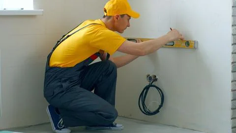 Builder makes markings on the wall using a level tool. Stock Photos