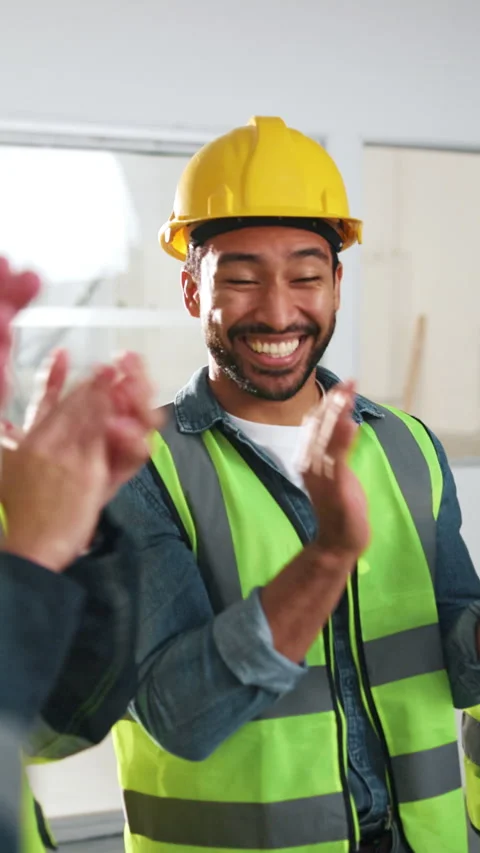 Builder, man and team at construction site with applause, smile or progress for Stock Footage 342311792
