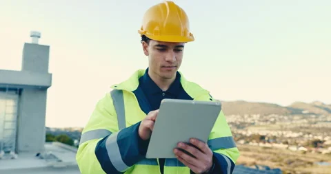 Builder, man and thinking with tablet on construction site for building design Stock Footage 345652088