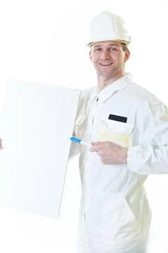 Builder man with blank and pen Stock Photos
